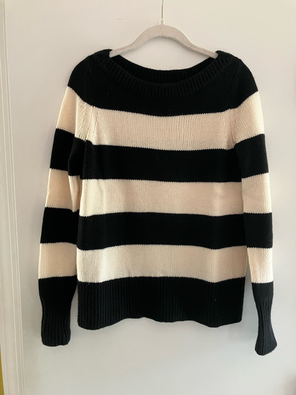 J. Crew 100% Merino wool Black and Cream Striped Sweater
